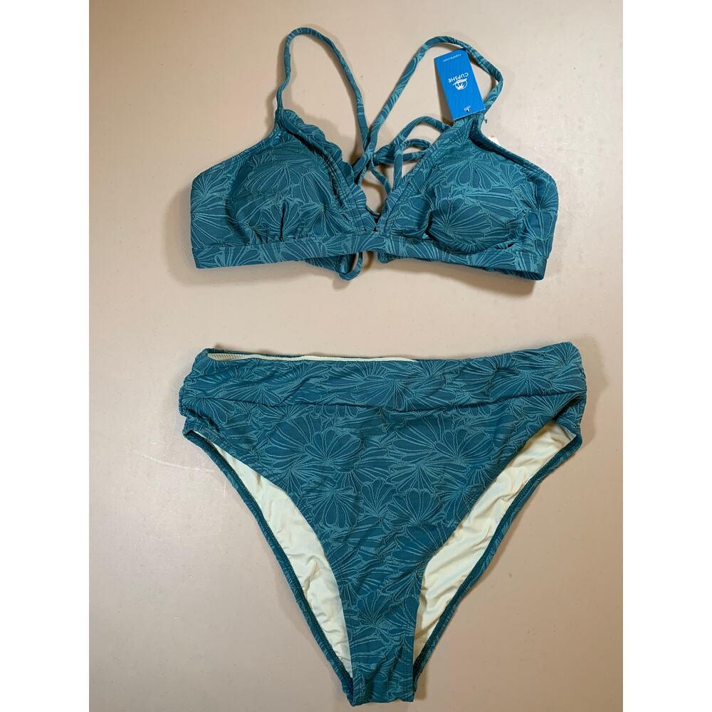 NWT Cupshe Teal Leaf Print Lace Up Bikini Set Size XL